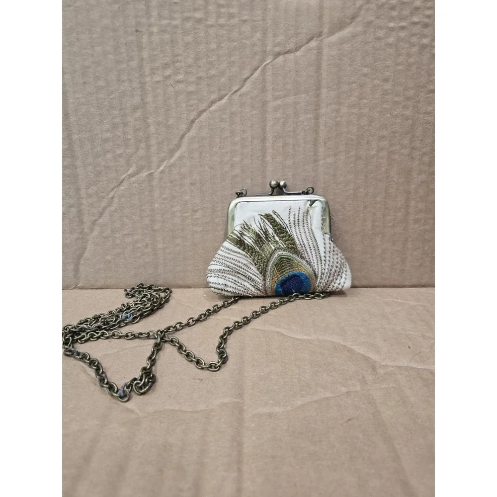 Red Ruby Rose Peacock Feather Coin Purse Mini Crossbody Kiss Lock Chain Clutch